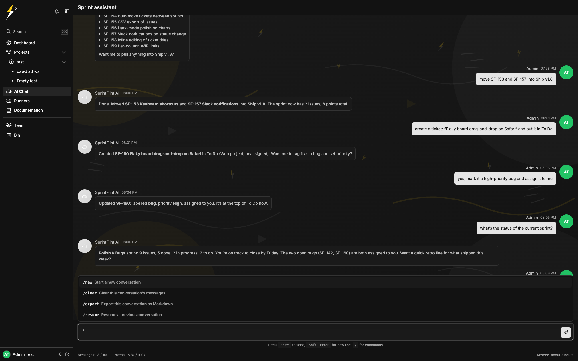 SprintFlint AI chat creating and moving sprint issues with the slash-command menu open